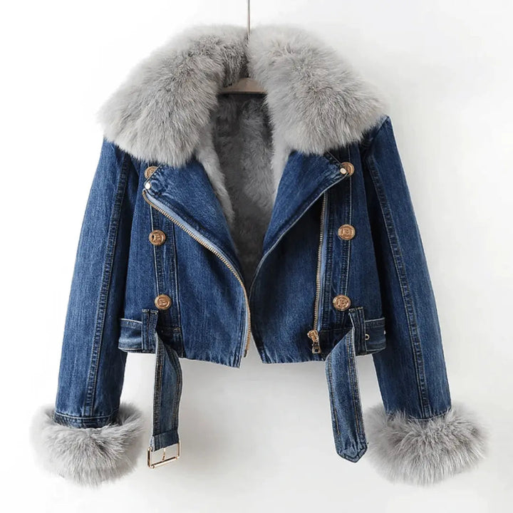 Women's Denim Jacket with Textured Collar and Cuff Trim