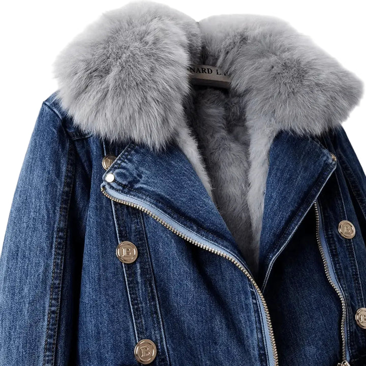 Women's Denim Jacket with Textured Collar and Cuff Trim