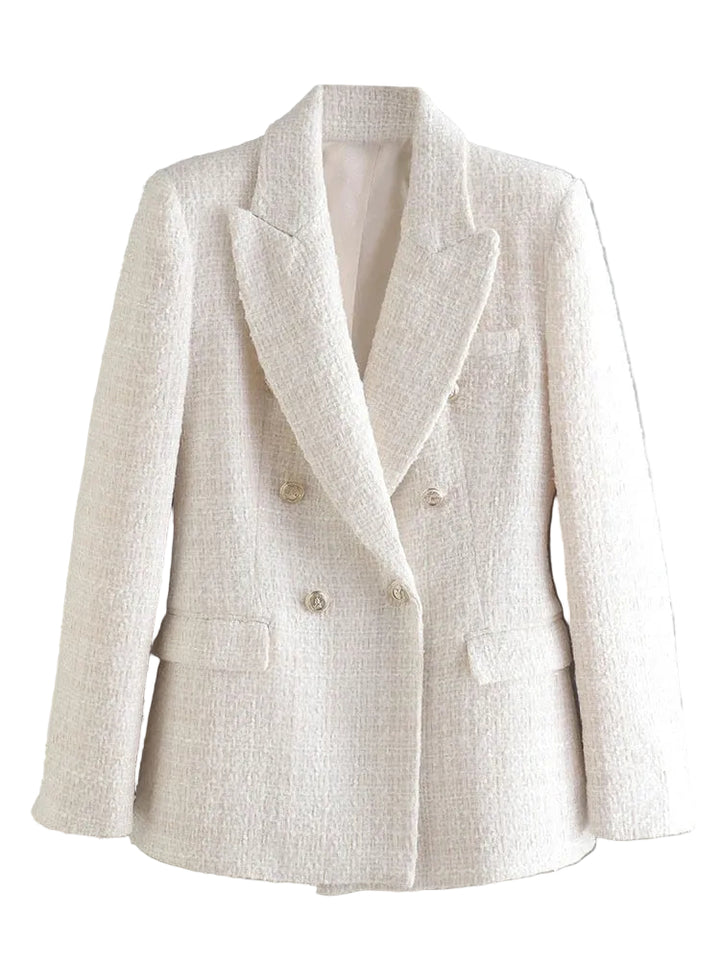 Women's Double-Breasted Blazer with Wide Lapels and Front Pockets