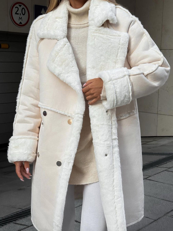 Women's Double-Breasted Coat with Lapel Collar and Plush Trim