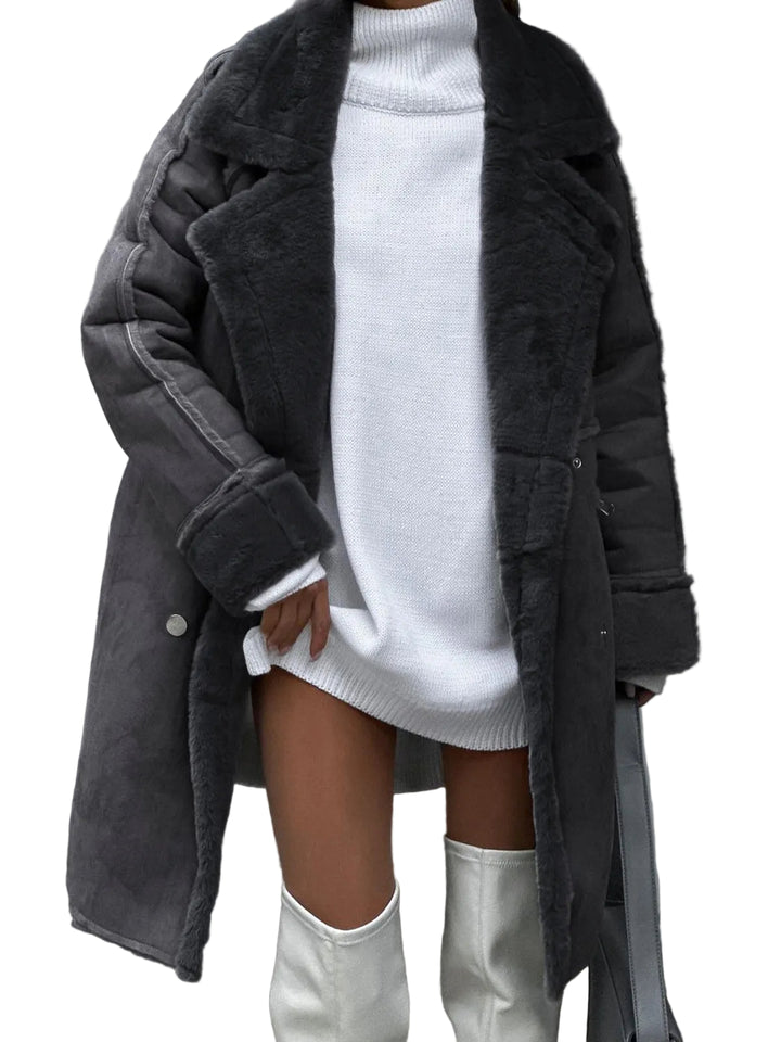 Women's Double-Breasted Coat with Lapel Collar and Plush Trim