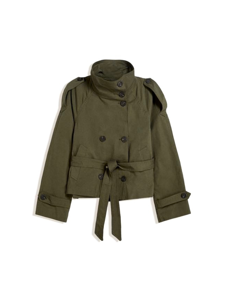 Women's Double-Breasted Cropped Trench Coat with Belt and Epaulette Details