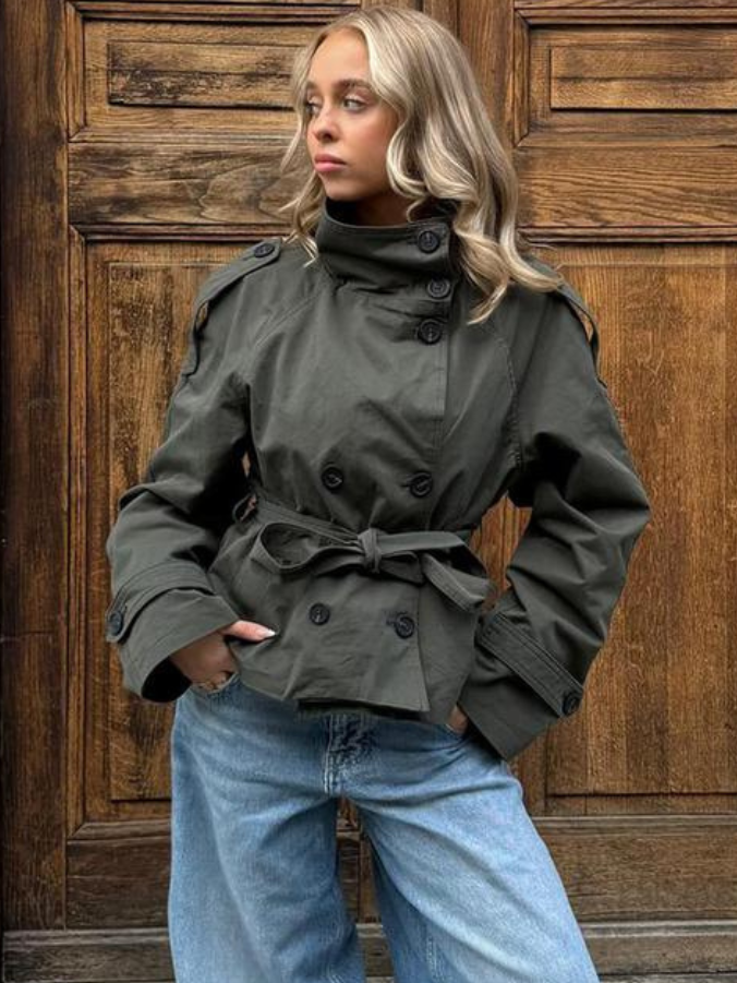 Women's Double-Breasted Cropped Trench Coat with Belt and Epaulette Details