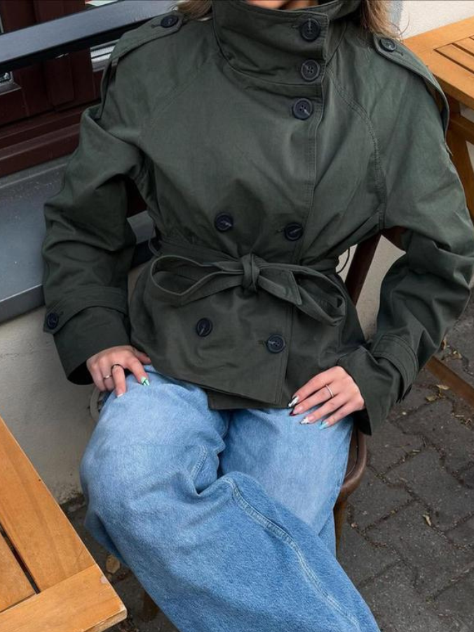 Women's Double-Breasted Cropped Trench Coat with Belt and Epaulette Details