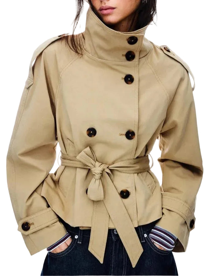 Women's Double-Breasted Cropped Trench Coat with Belt and Epaulette Details