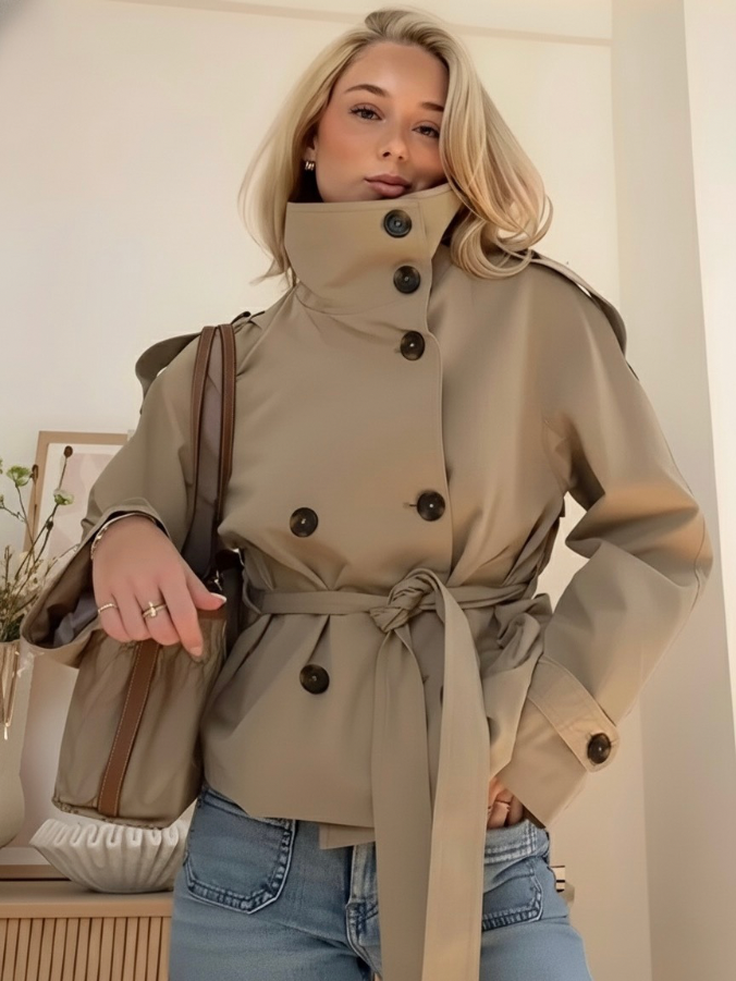 Women's Double-Breasted Cropped Trench Coat with Belt and Epaulette Details
