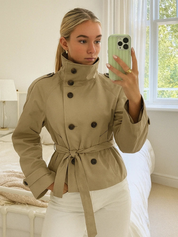 Women's Double-Breasted Cropped Trench Coat with Belt and Epaulette Details