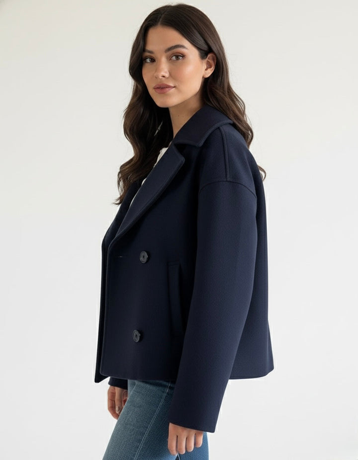 Women's Double-Breasted Cropped Trench Coat with Wide Lapels and Button Front