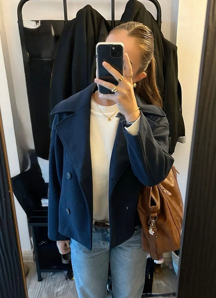 Women's Double-Breasted Cropped Trench Coat with Wide Lapels and Button Front