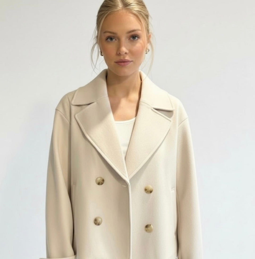 Women's Double-Breasted Cropped Trench Coat with Wide Lapels and Button Front