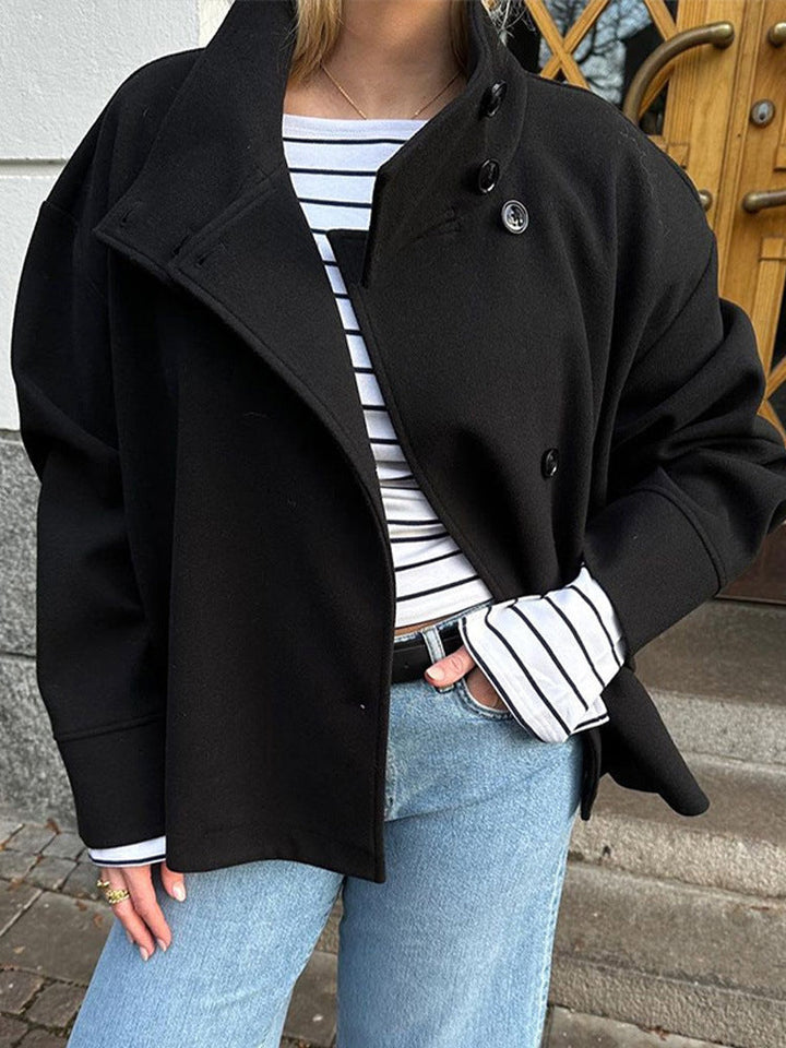 Women's Double-Breasted Jacket with Lapel Collar and Long Sleeves