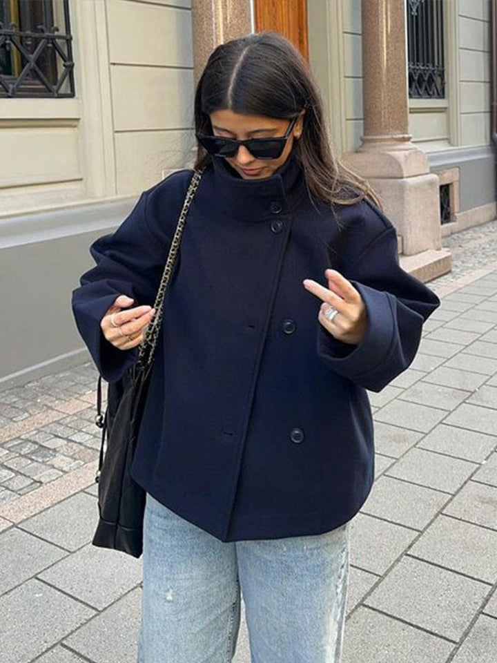 Women's Double-Breasted Jacket with Lapel Collar and Long Sleeves