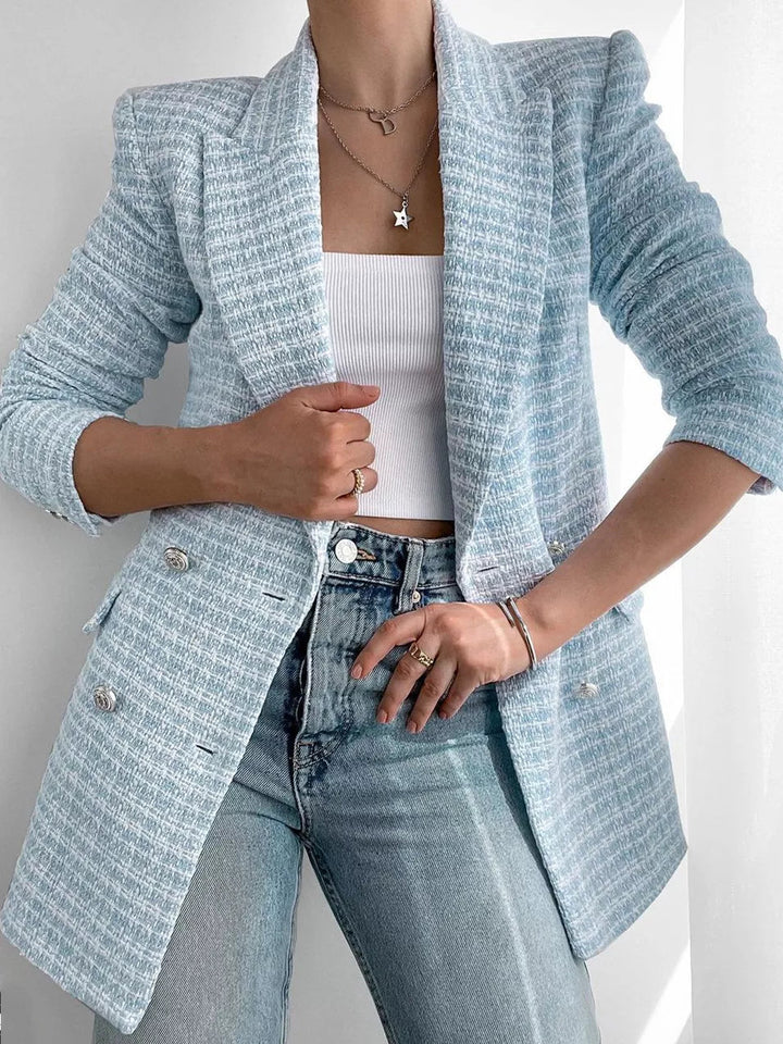 Women's Double-Breasted Jacket with Three-Quarter Sleeves and Lapel Collar