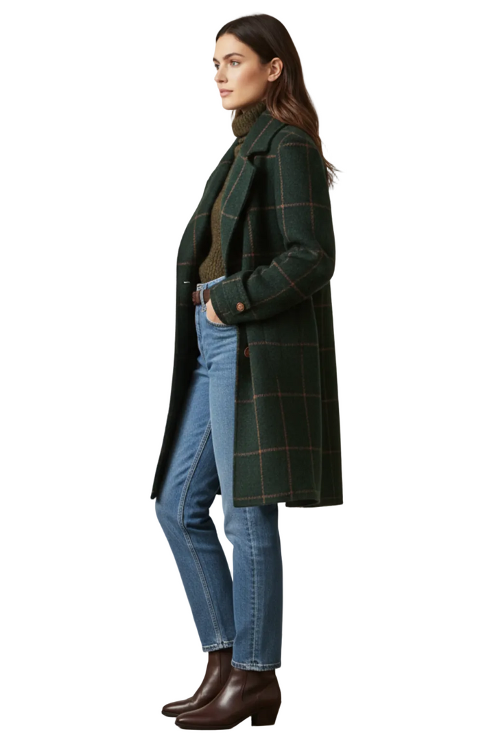 Women's Double-Breasted Long Coat with Notched Lapel and Checked Pattern