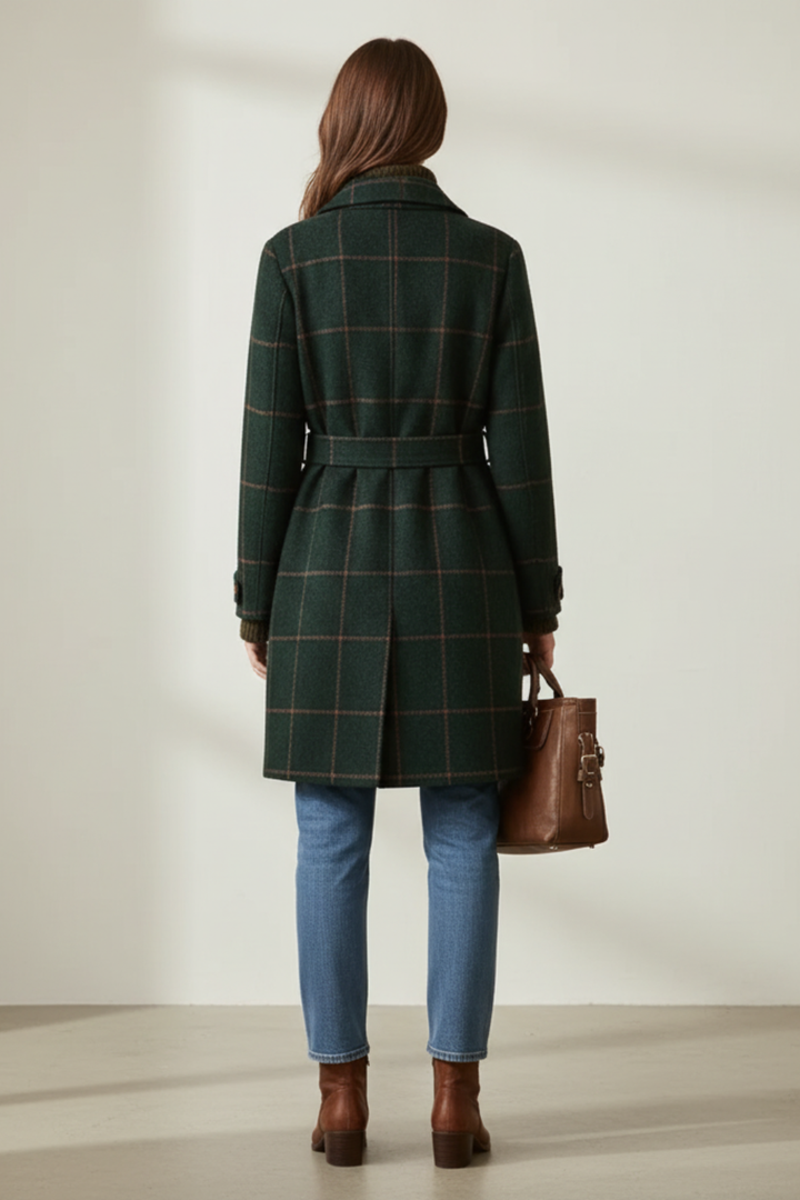 Women's Double-Breasted Long Coat with Notched Lapel and Checked Pattern