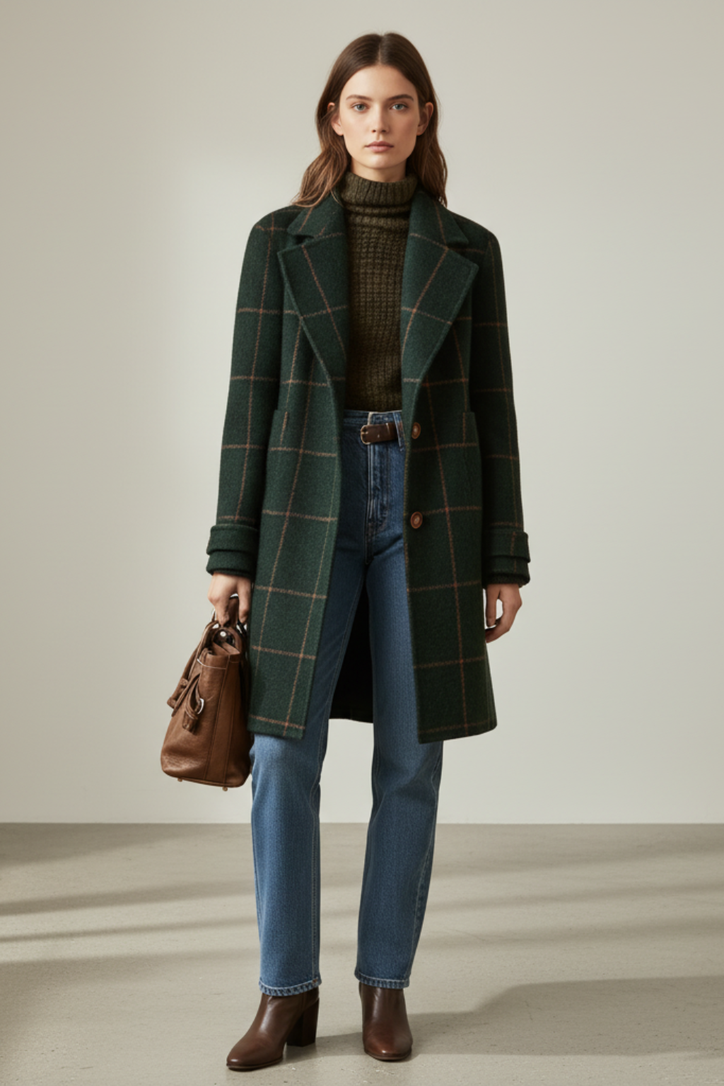 Women's Double-Breasted Long Coat with Notched Lapel and Checked Pattern