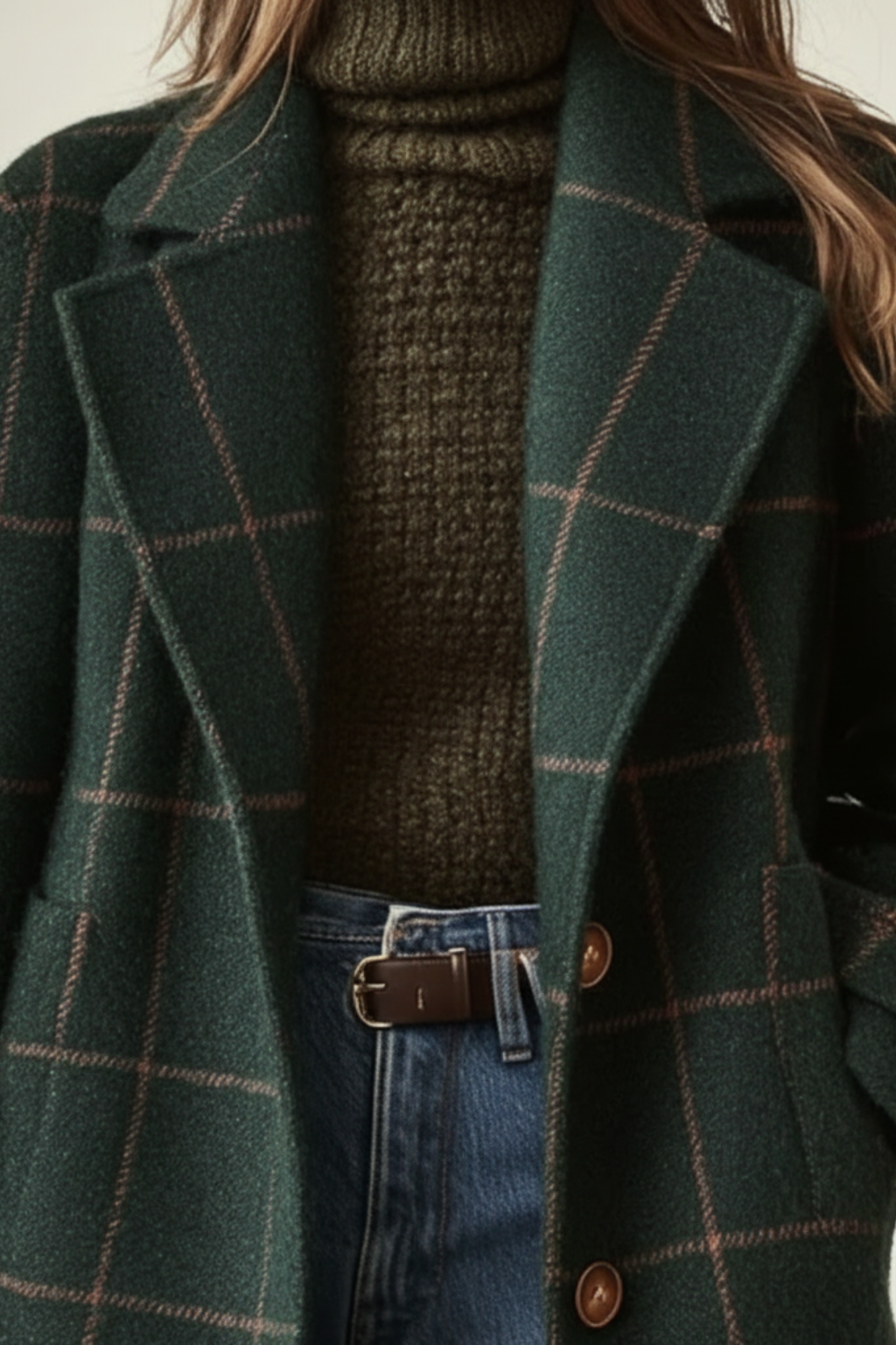Women's Double-Breasted Long Coat with Notched Lapel and Checked Pattern