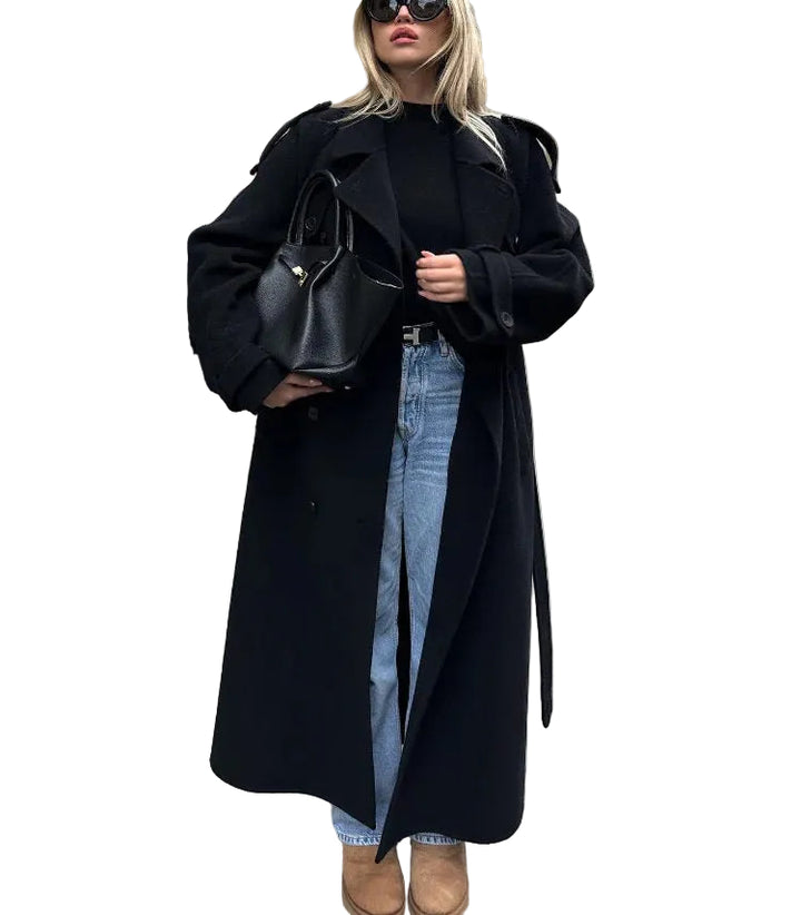 Women's Double-Breasted Maxi Coat with Lapel Collar and Belt
