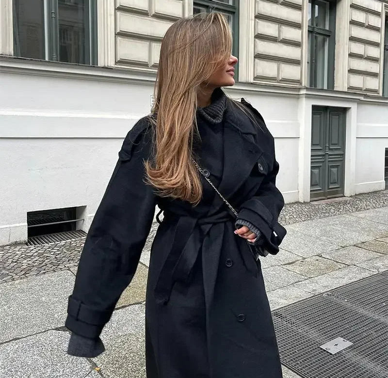 Women's Double-Breasted Maxi Coat with Lapel Collar and Belt