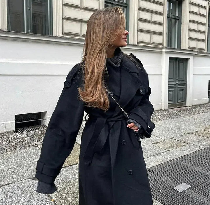 Women's Double-Breasted Maxi Coat with Lapel Collar and Belt