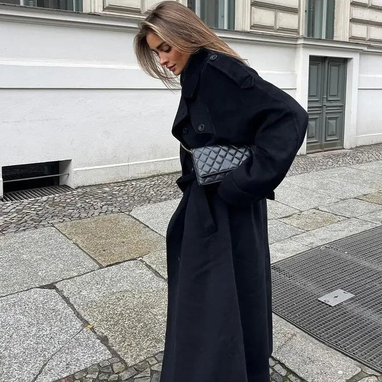 Women's Double-Breasted Maxi Coat with Lapel Collar and Belt