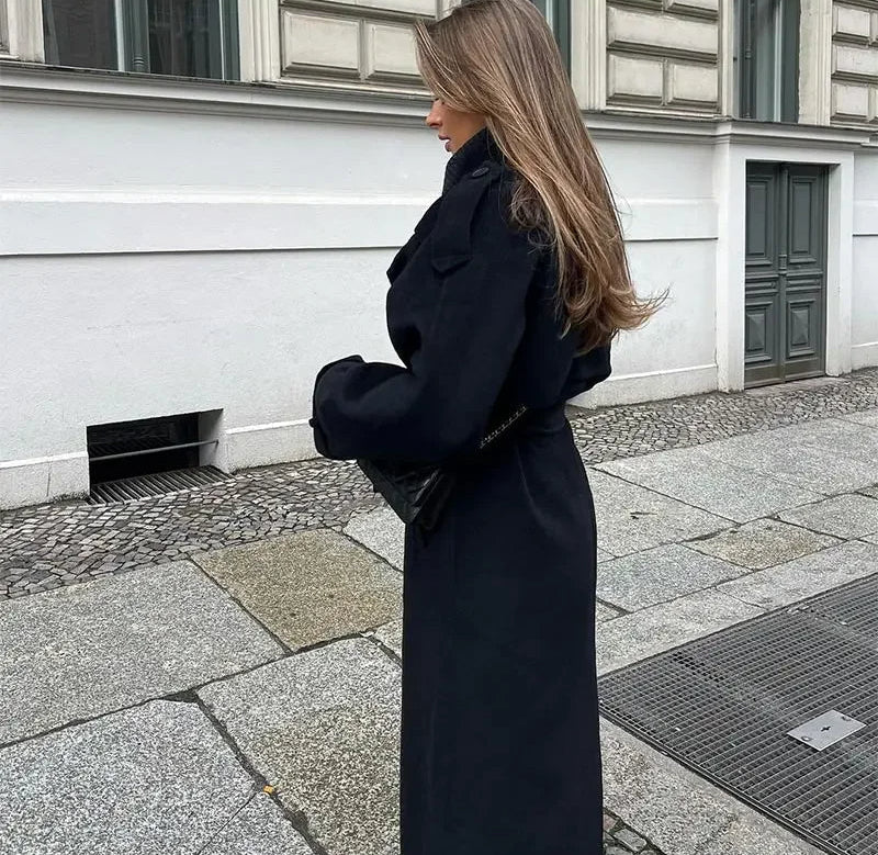 Women's Double-Breasted Maxi Coat with Lapel Collar and Belt