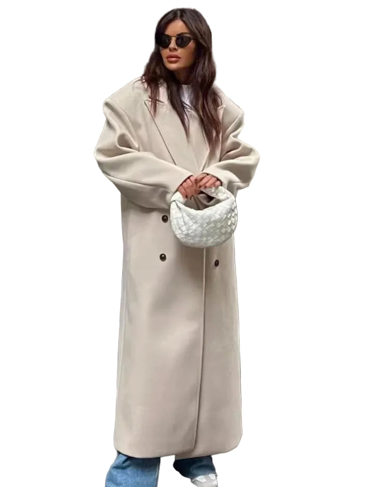 Women's Double-Breasted Notched Collar Coat with Shoulder Pads and Front Vent