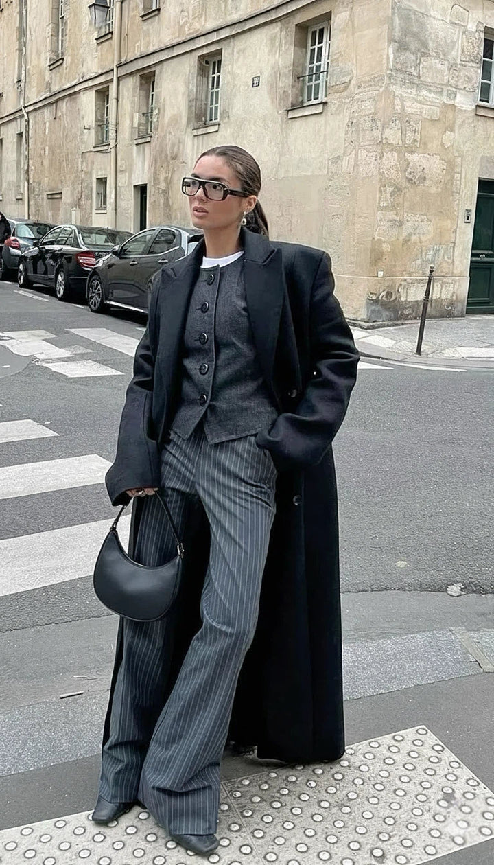 Women's Double-Breasted Notched Collar Coat with Shoulder Pads and Front Vent