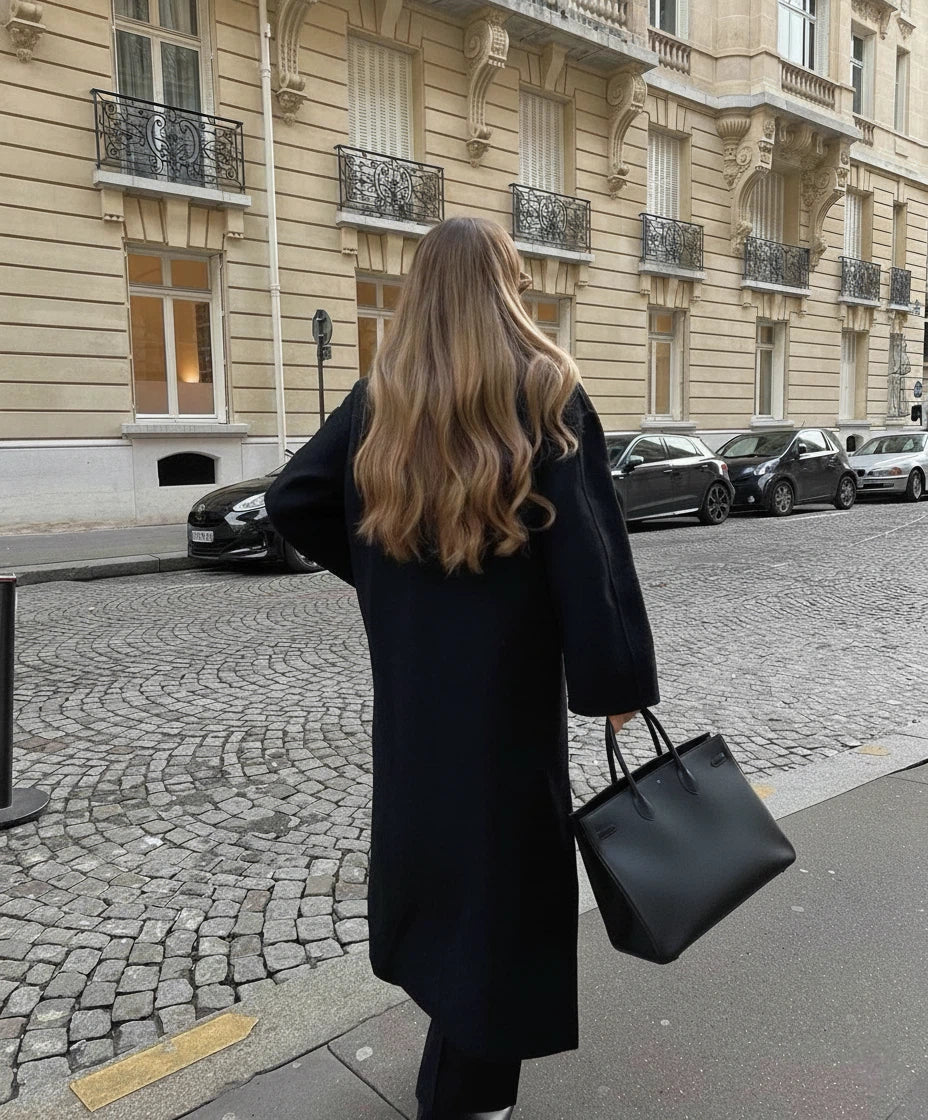 Women's Double-Breasted Notched Collar Coat with Shoulder Pads and Front Vent