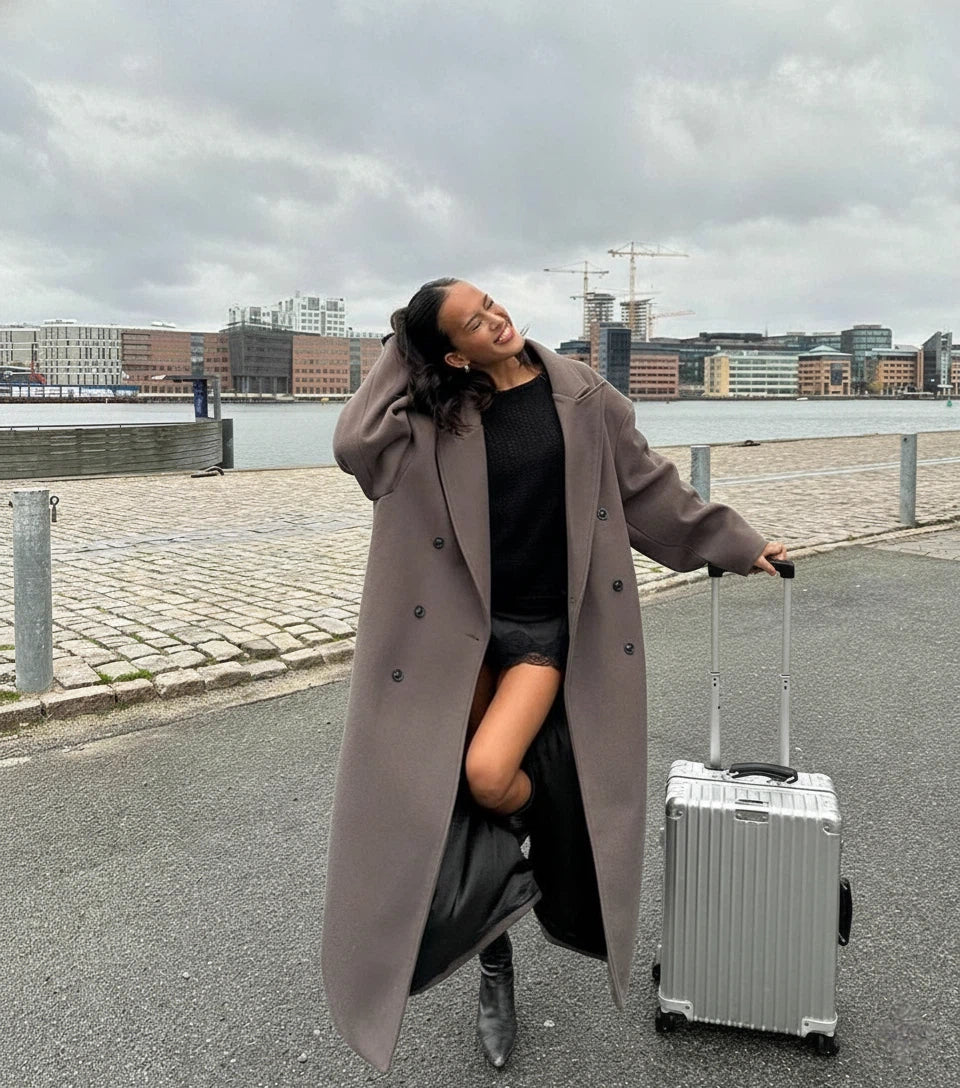 Women's Double-Breasted Notched Collar Coat with Shoulder Pads and Front Vent