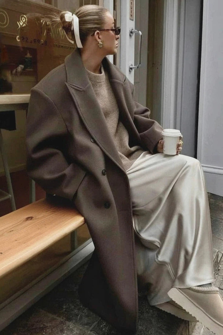 Women's Double-Breasted Notched Collar Coat with Shoulder Pads and Front Vent