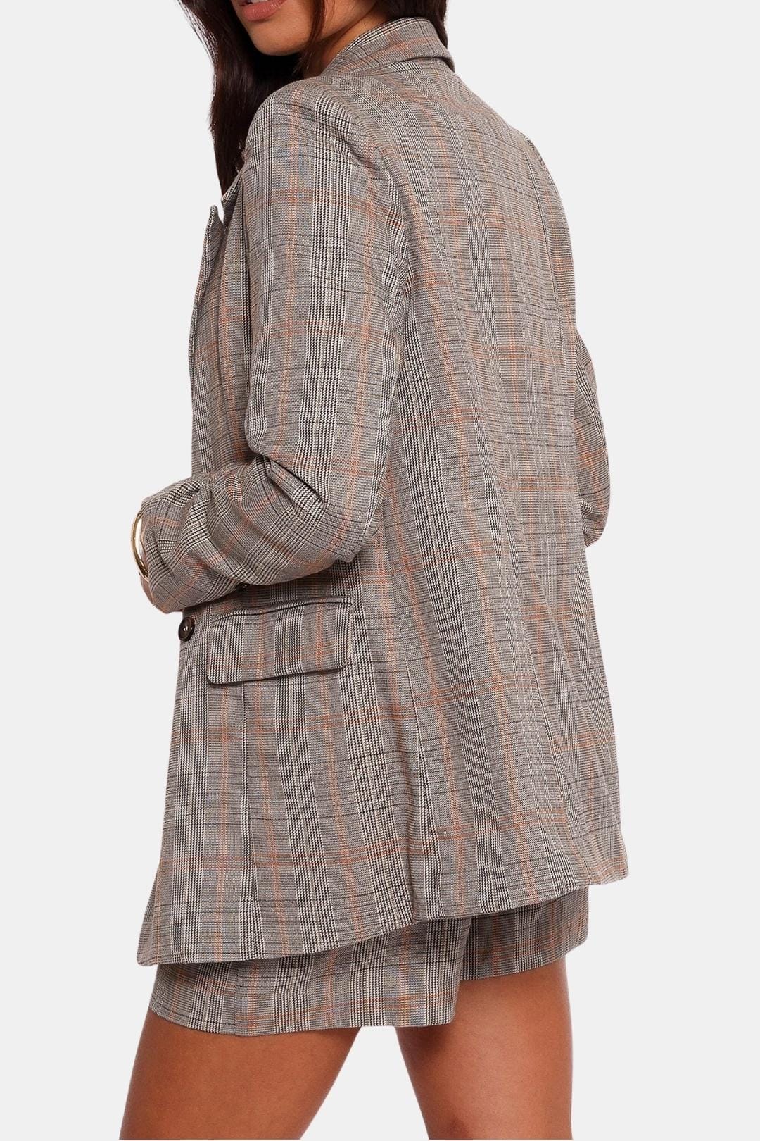 Women's Double-Breasted Plaid Blazer with Notched Lapels and Front Pockets