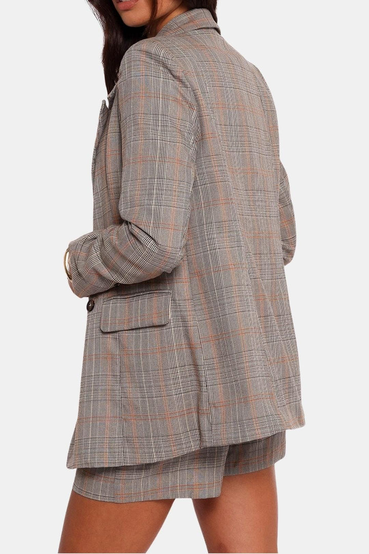 Women's Double-Breasted Plaid Blazer with Notched Lapels and Front Pockets