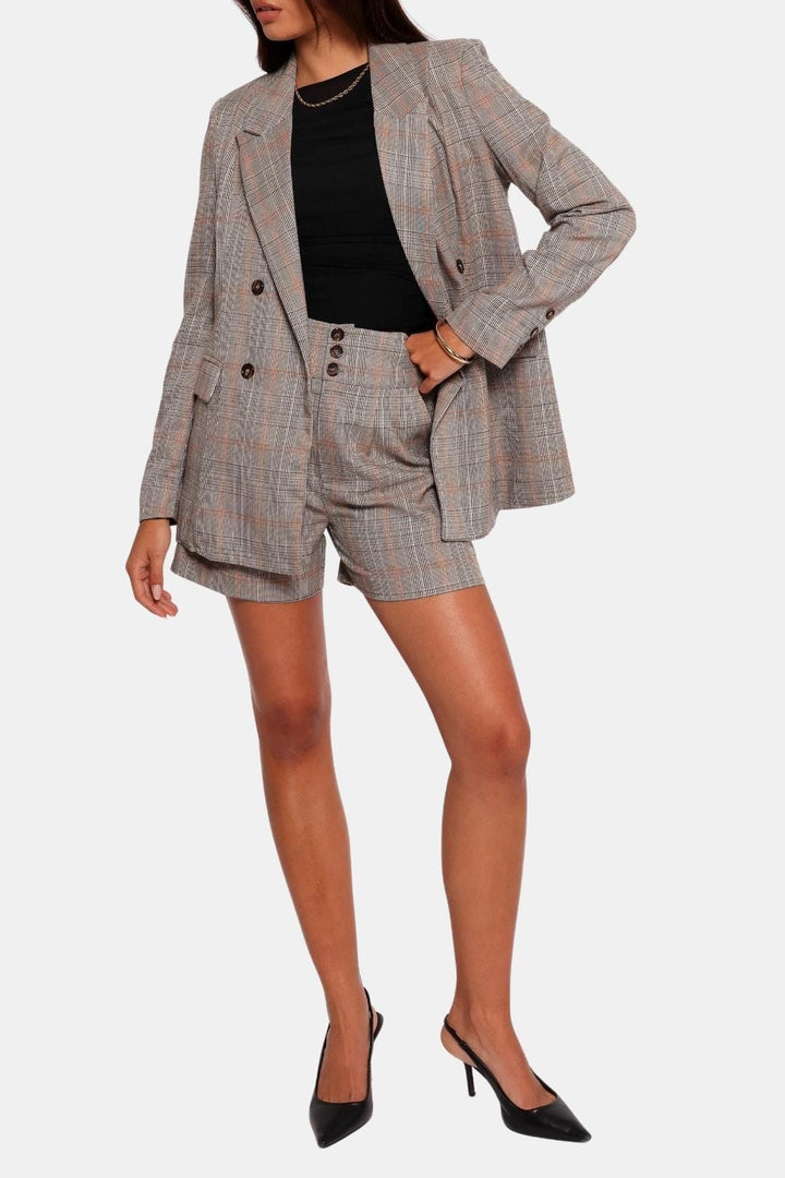 Women's Double-Breasted Plaid Blazer with Notched Lapels and Front Pockets