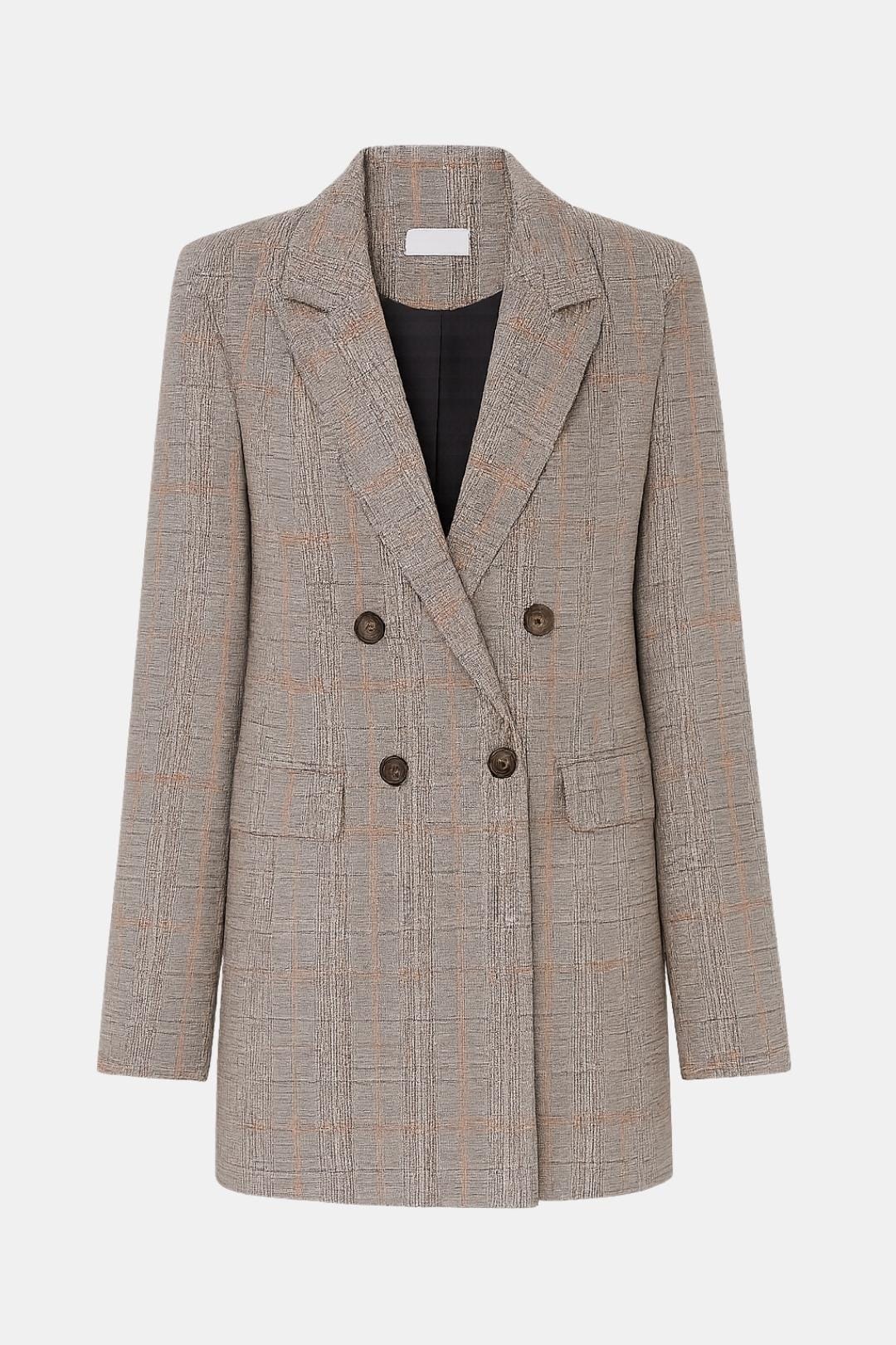 Women's Double-Breasted Plaid Blazer with Notched Lapels and Front Pockets