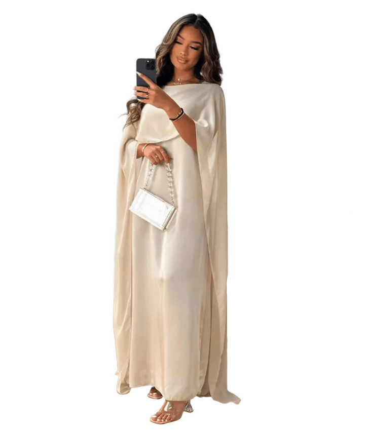 Women's Draped Sleeve Floor-Length Maxi Dress with V-Neckline and Zip-Back Closure