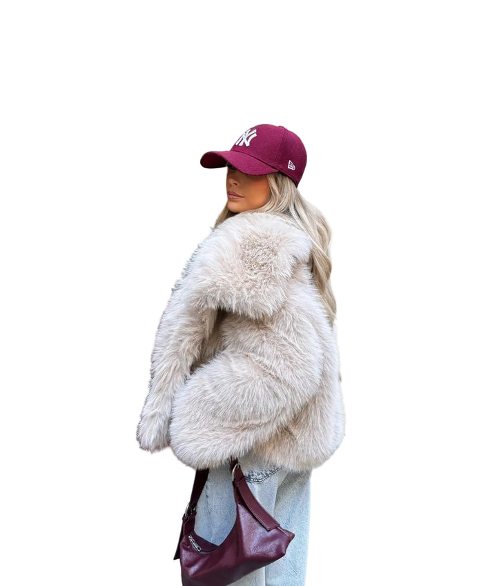 Women's Faux Fur Coat with Spread Collar and Open-Front Closure