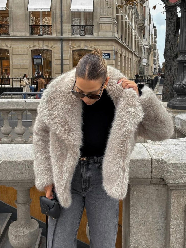 Women's Fluffy Textured Coat with Wide Collar