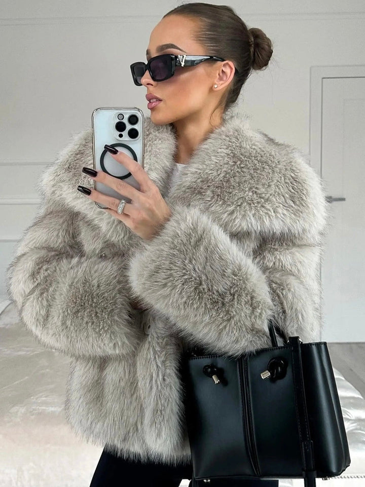 Women's Fluffy Textured Coat with Wide Collar