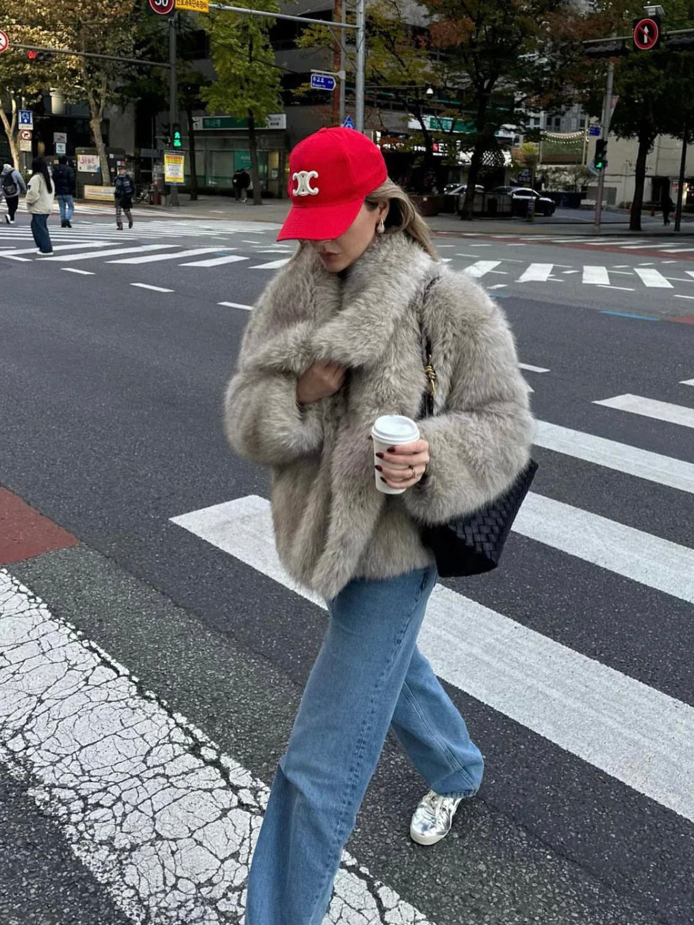 Women's Fluffy Textured Coat with Wide Collar