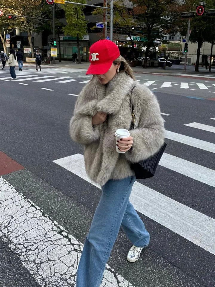 Women's Fluffy Textured Coat with Wide Collar