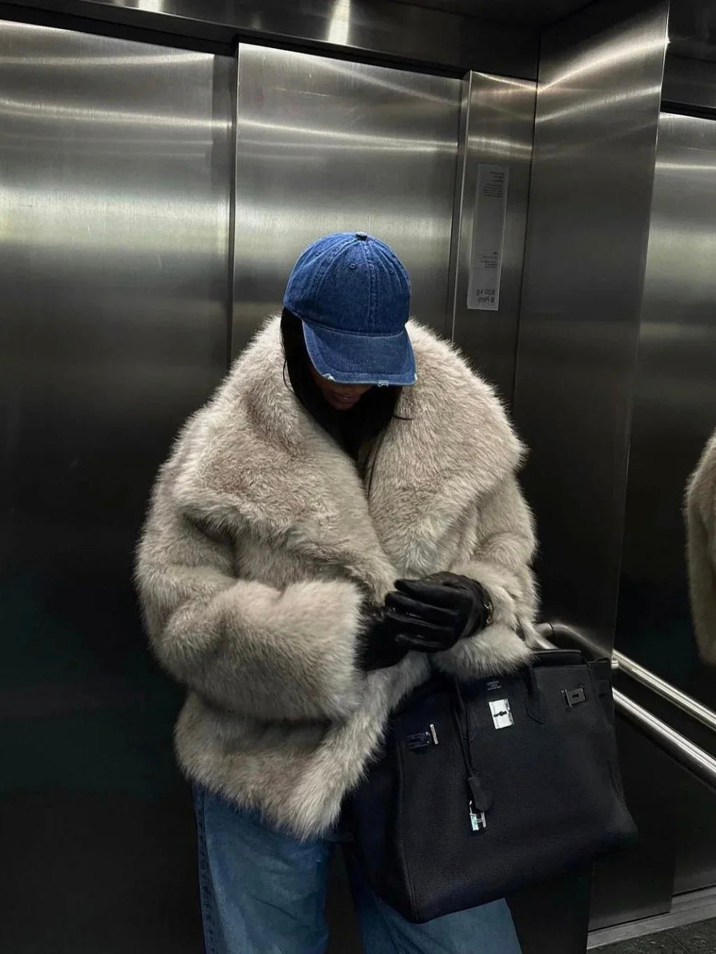 Women's Fluffy Textured Coat with Wide Collar