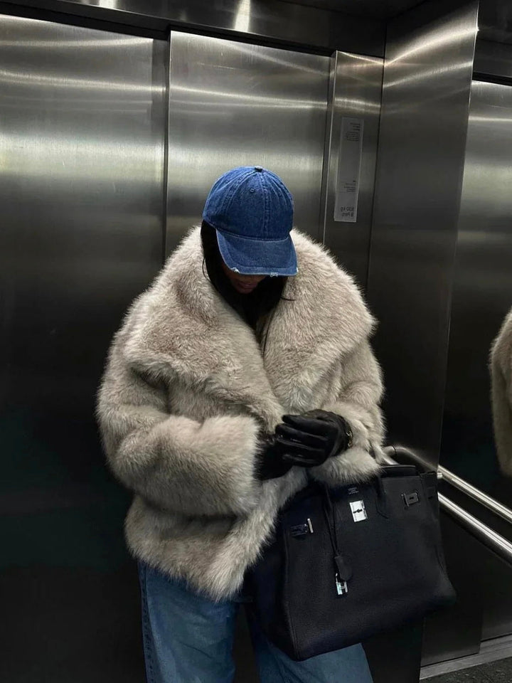 Women's Fluffy Textured Coat with Wide Collar