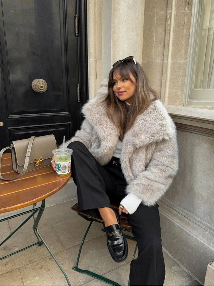 Women's Fluffy Textured Coat with Wide Collar