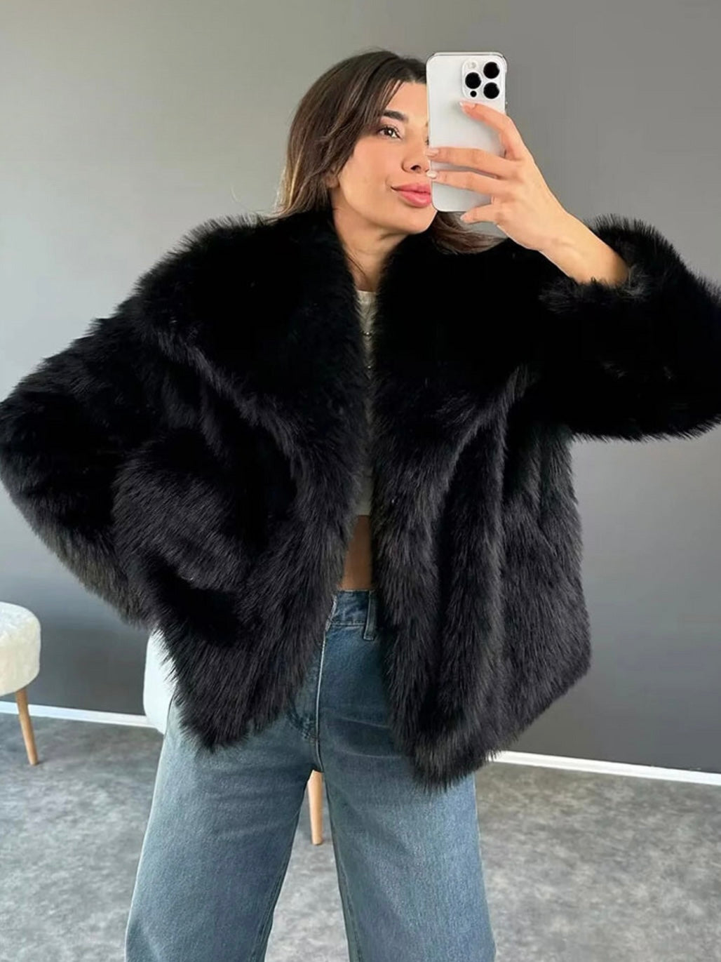 Women's Fluffy Textured Coat with Wide Collar
