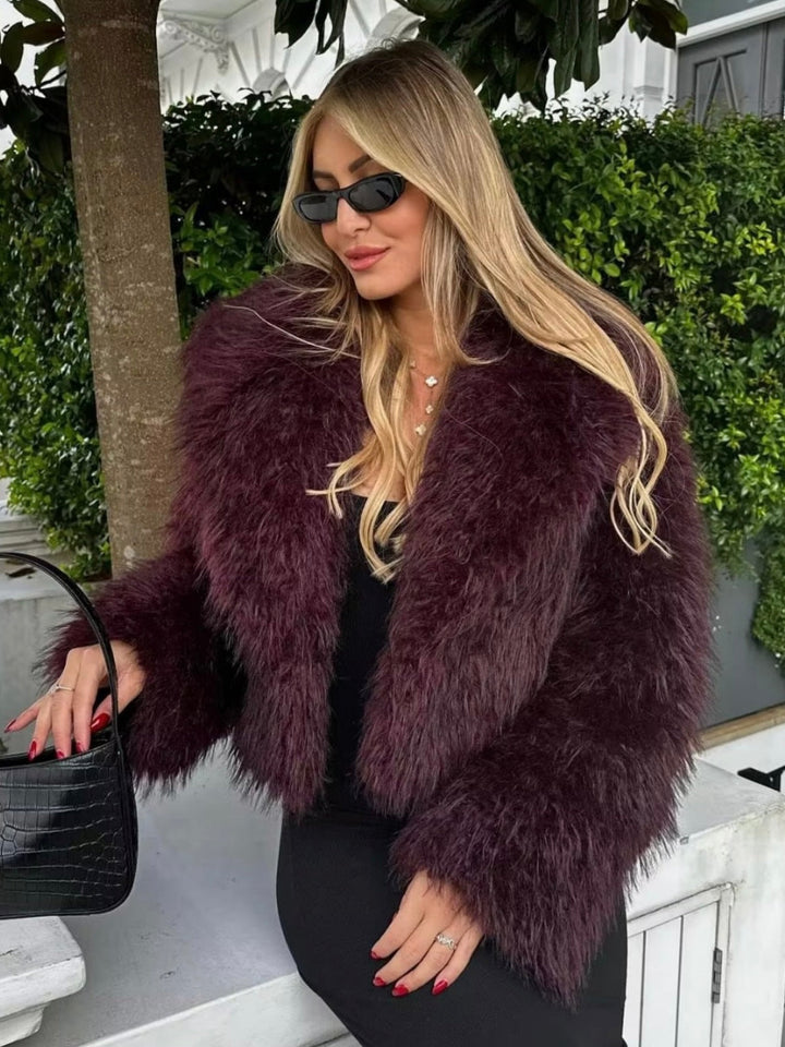 Women's Fluffy Textured Coat with Wide Collar