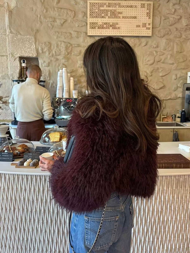 Women's Fluffy Textured Coat with Wide Collar