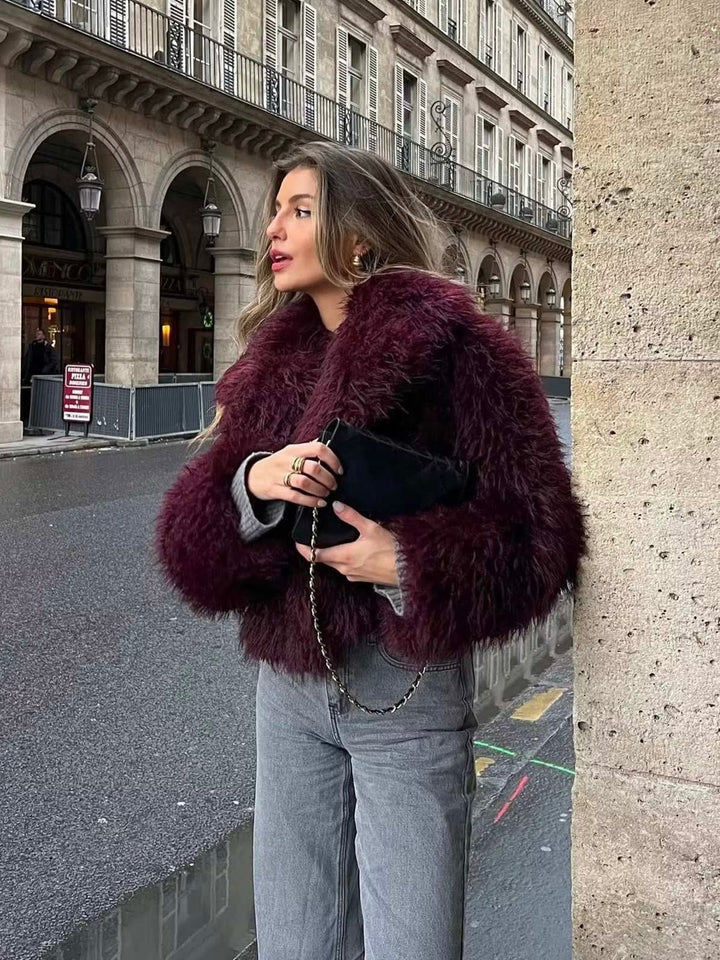 Women's Fluffy Textured Coat with Wide Collar