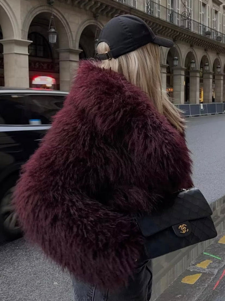 Women's Fluffy Textured Coat with Wide Collar