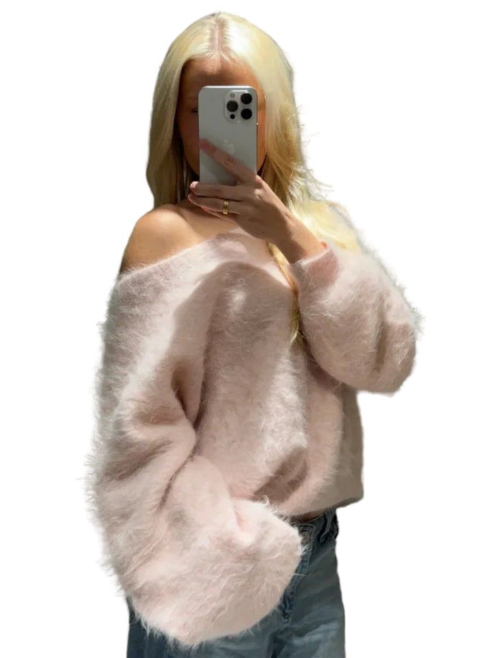 Women's Fuzzy Knit Jumper with Round Neckline